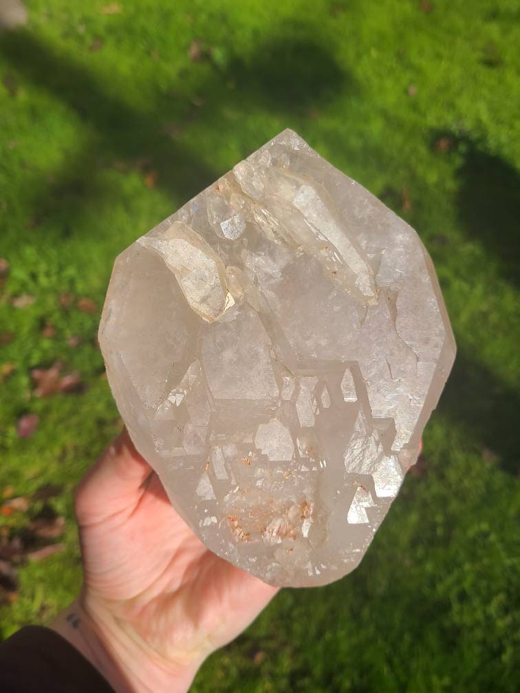 RESERVED for Bernhard Lemurian Quartz w Pink Mineral Coating, Rainbows | BIG Tabby Double Terminated Grid Centerpiece Collector Crystal