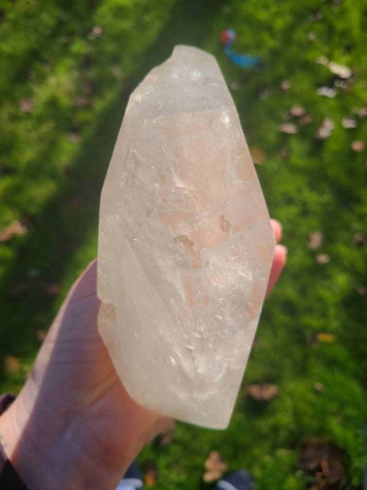 RESERVED for Bernhard Lemurian Quartz w Pink Mineral Coating, Rainbows | BIG Tabby Double Terminated Grid Centerpiece Collector Crystal