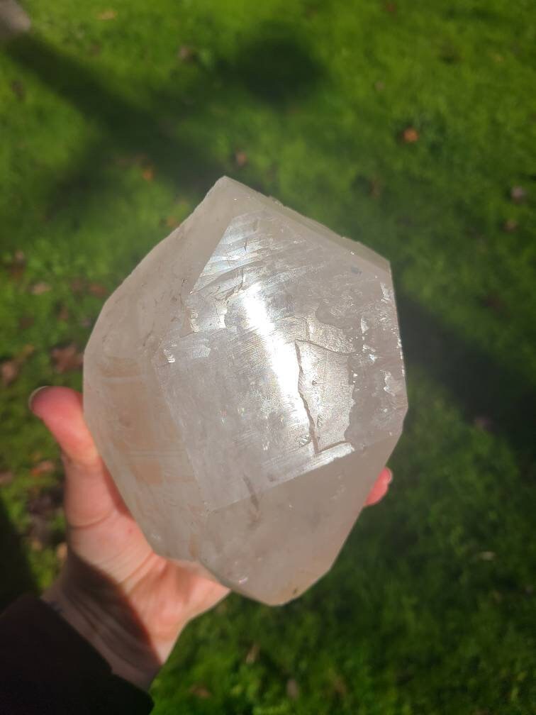 RESERVED for Bernhard Lemurian Quartz w Pink Mineral Coating, Rainbows | BIG Tabby Double Terminated Grid Centerpiece Collector Crystal