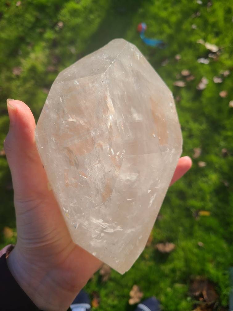 RESERVED for Bernhard Lemurian Quartz w Pink Mineral Coating, Rainbows | BIG Tabby Double Terminated Grid Centerpiece Collector Crystal