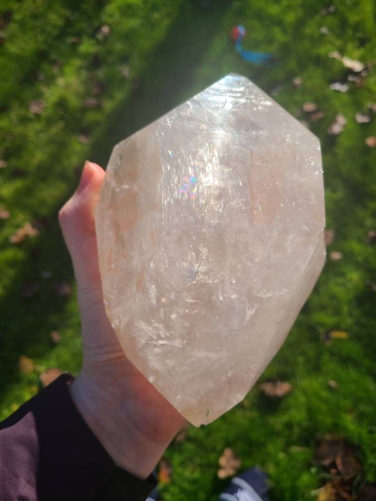 RESERVED for Bernhard Lemurian Quartz w Pink Mineral Coating, Rainbows | BIG Tabby Double Terminated Grid Centerpiece Collector Crystal