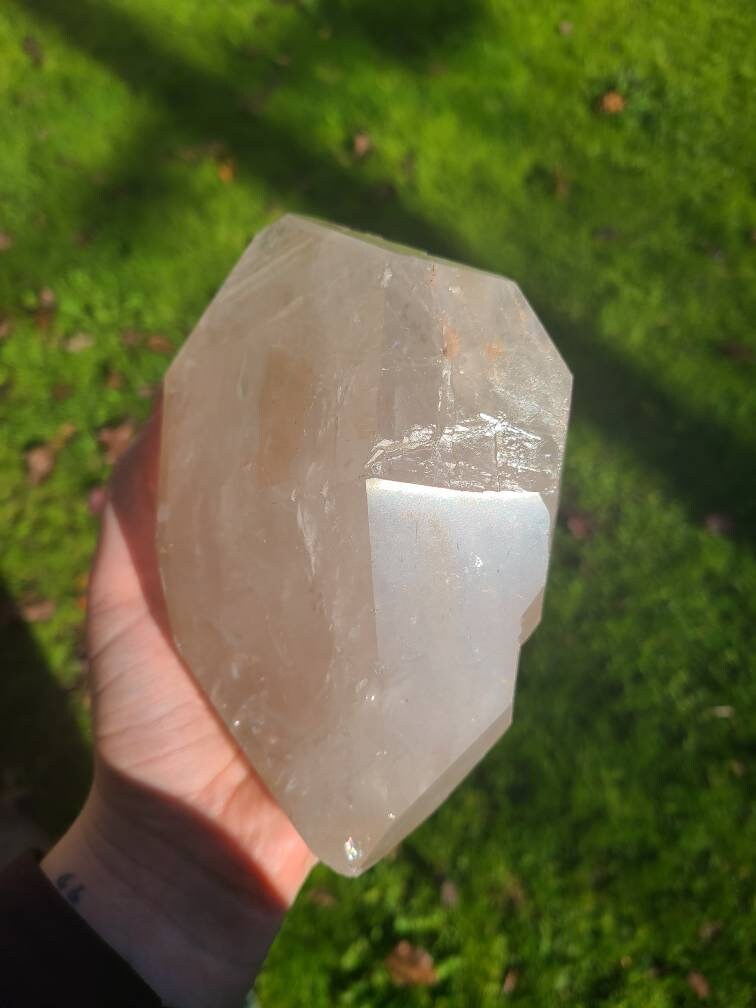RESERVED for Bernhard Lemurian Quartz w Pink Mineral Coating, Rainbows | BIG Tabby Double Terminated Grid Centerpiece Collector Crystal