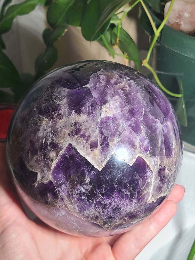 HUGE Dream Amethyst Sphere | Purple Amethyst with Chevrons, Cacoxenite, Clear Quartz, Goethite, Lepidochrosite, Rutile and Smoky Quartz