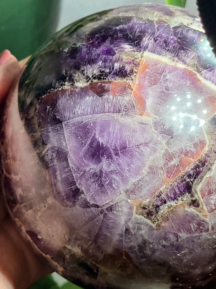 HUGE Dream Amethyst Sphere | Purple Amethyst with Chevrons, Cacoxenite, Clear Quartz, Goethite, Lepidochrosite, Rutile and Smoky Quartz