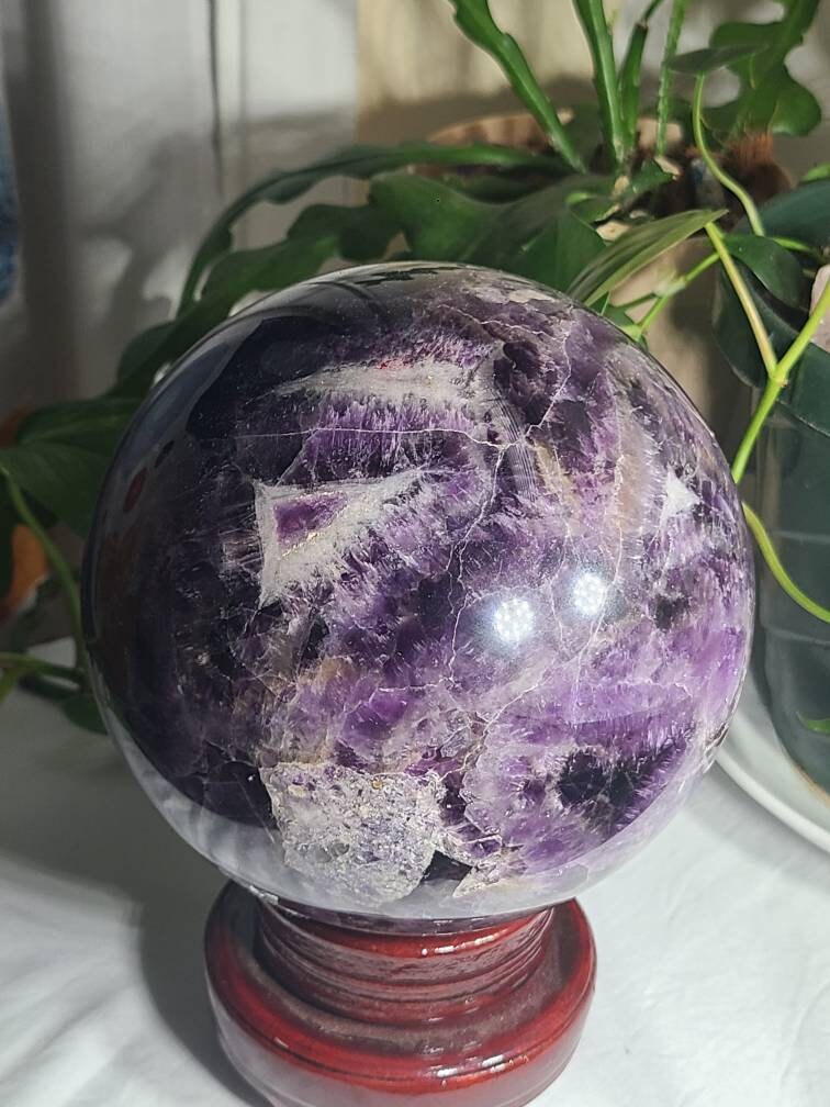 HUGE Dream Amethyst Sphere | Purple Amethyst with Chevrons, Cacoxenite, Clear Quartz, Goethite, Lepidochrosite, Rutile and Smoky Quartz