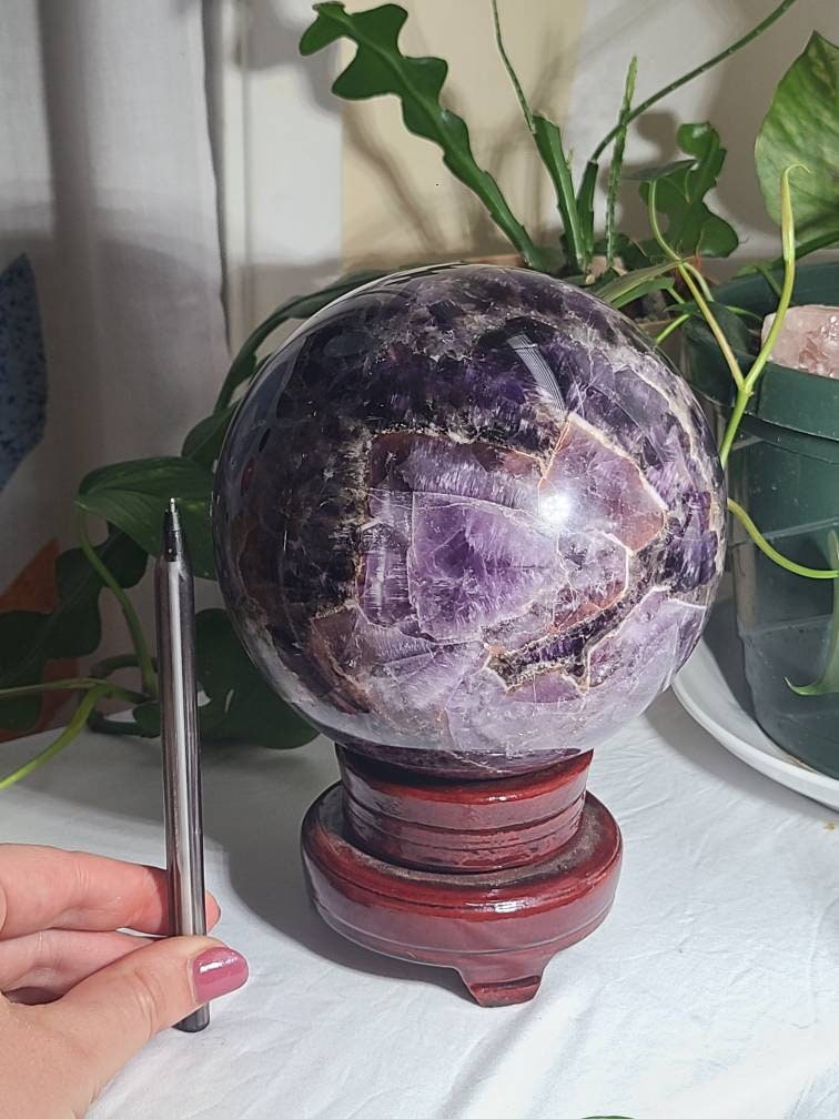 HUGE Dream Amethyst Sphere | Purple Amethyst with Chevrons, Cacoxenite, Clear Quartz, Goethite, Lepidochrosite, Rutile and Smoky Quartz