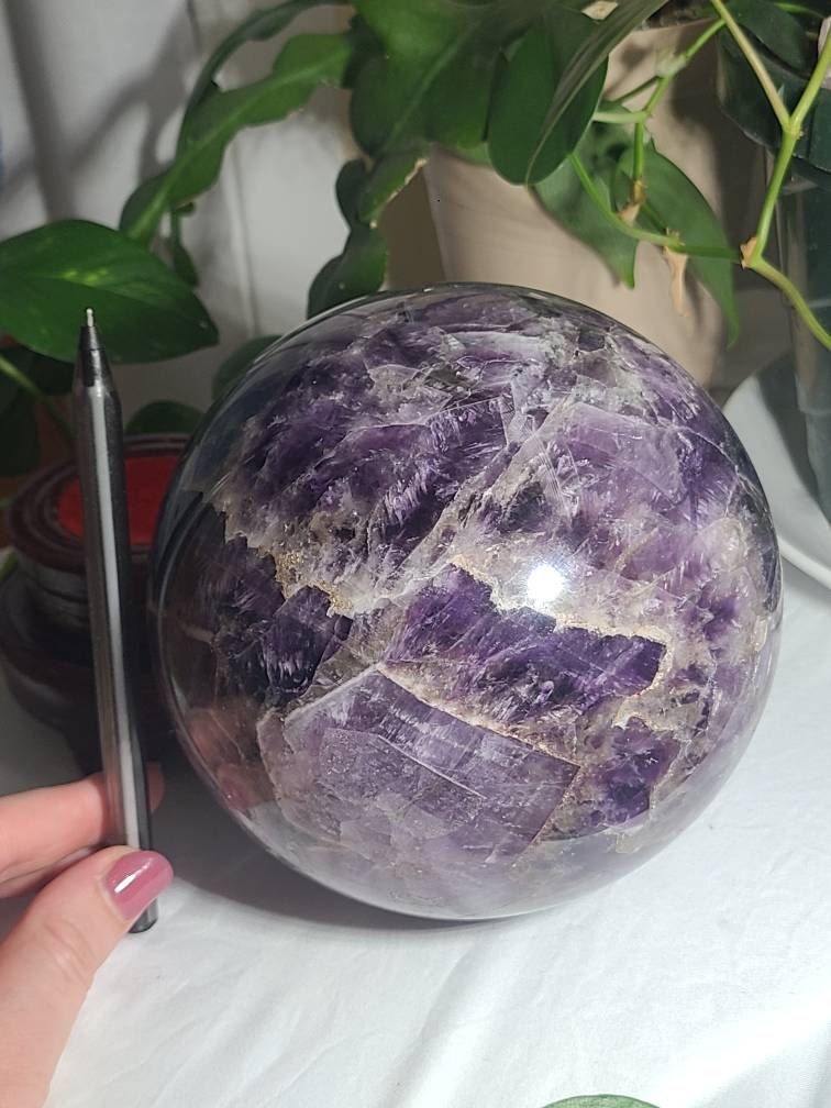 HUGE Dream Amethyst Sphere | Purple Amethyst with Chevrons, Cacoxenite, Clear Quartz, Goethite, Lepidochrosite, Rutile and Smoky Quartz