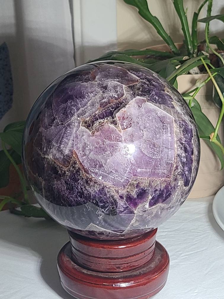 HUGE Dream Amethyst Sphere | Purple Amethyst with Chevrons, Cacoxenite, Clear Quartz, Goethite, Lepidochrosite, Rutile and Smoky Quartz