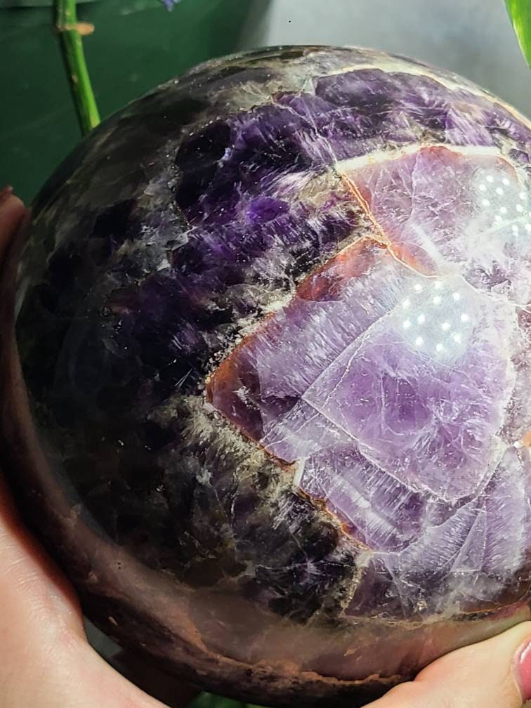 HUGE Dream Amethyst Sphere | Purple Amethyst with Chevrons, Cacoxenite, Clear Quartz, Goethite, Lepidochrosite, Rutile and Smoky Quartz