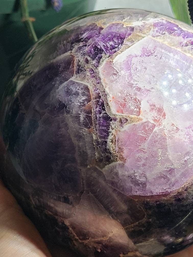 HUGE Dream Amethyst Sphere | Purple Amethyst with Chevrons, Cacoxenite, Clear Quartz, Goethite, Lepidochrosite, Rutile and Smoky Quartz