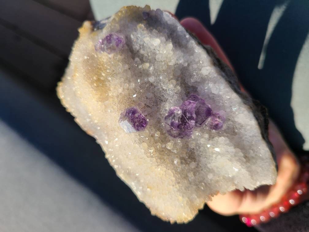 Gemmy Fluorite on Quartz Druzy with Matrix | Beautiful, Rare Self Standing Cabinet Display Crystal Combo on Matrix