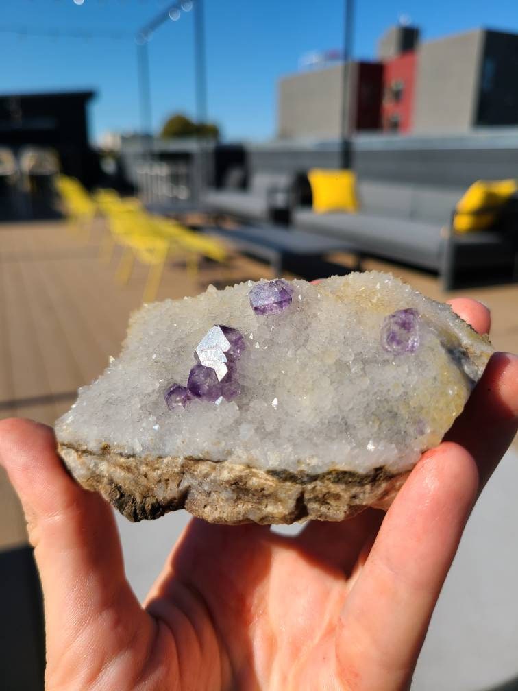 Gemmy Fluorite on Quartz Druzy with Matrix | Beautiful, Rare Self Standing Cabinet Display Crystal Combo on Matrix