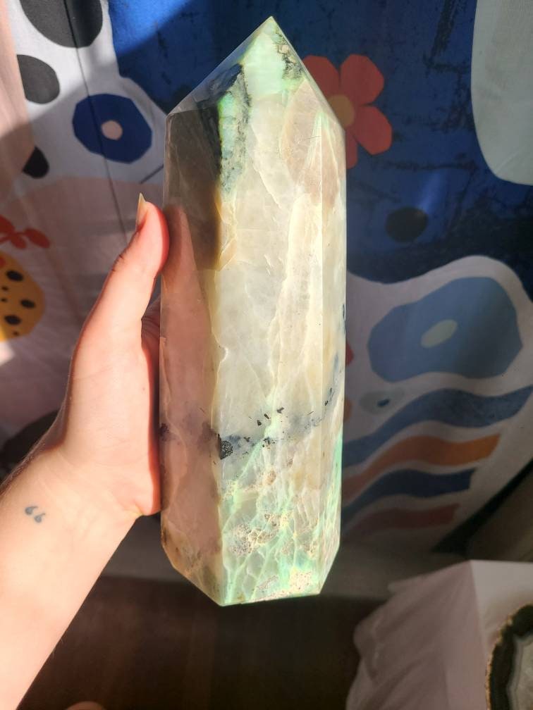 Flashy 6lb Green Moonstone Tower, XL Polished Tower, w Rainbow Flash | High Grade, AAA Garnierite, with Black Tourmaline and Pink Feldspar