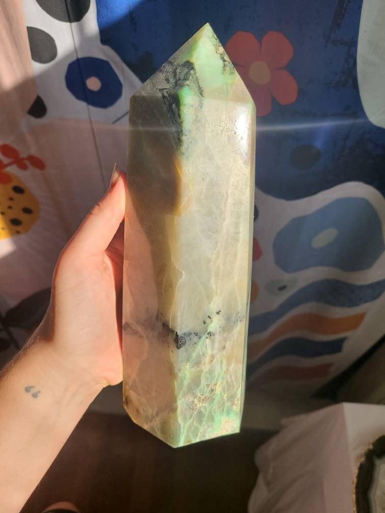 Flashy 6lb Green Moonstone Tower, XL Polished Tower, w Rainbow Flash | High Grade, AAA Garnierite, with Black Tourmaline and Pink Feldspar