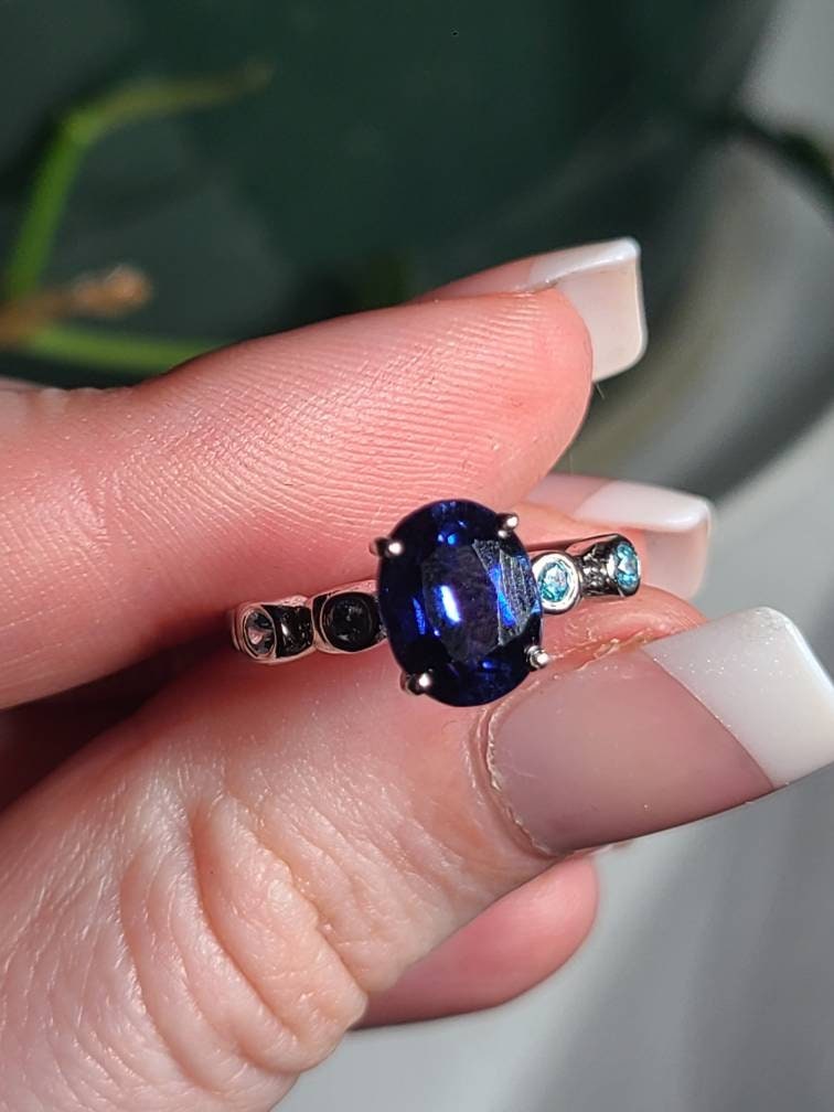Sapphire and Blue Topaz Ring, US Size 6 3/4, 925 Sterling Silver | September and November Birthstones, Deep Blue Sapphire Oval