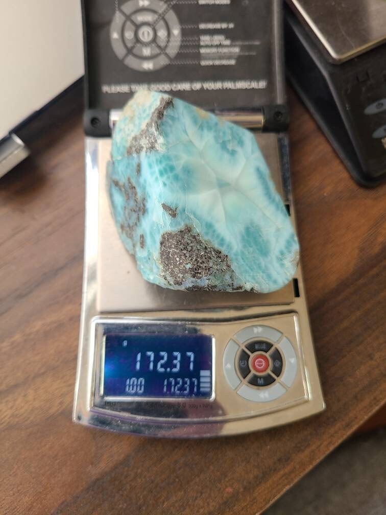 Big Larimar Carving, with Raw Matrix, Chatoyant AAA, High Grade Blue | 172 gram Specimen, Large Larimar Freeform, Dominican Republic