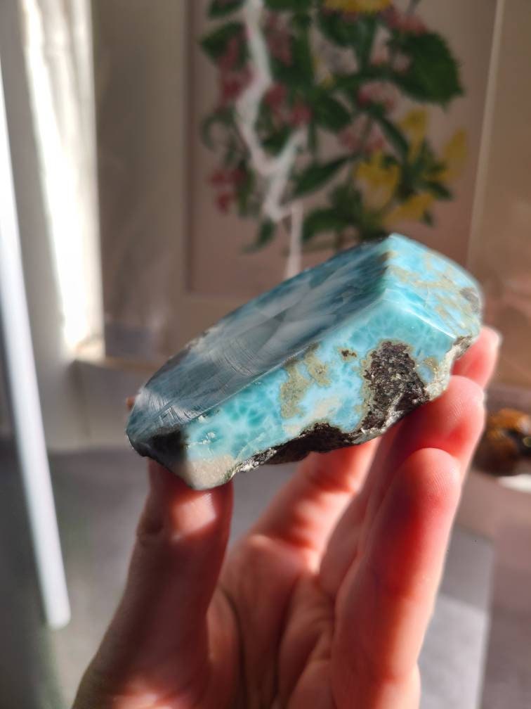 Big Larimar Carving, with Raw Matrix, Chatoyant AAA, High Grade Blue | 172 gram Specimen, Large Larimar Freeform, Dominican Republic
