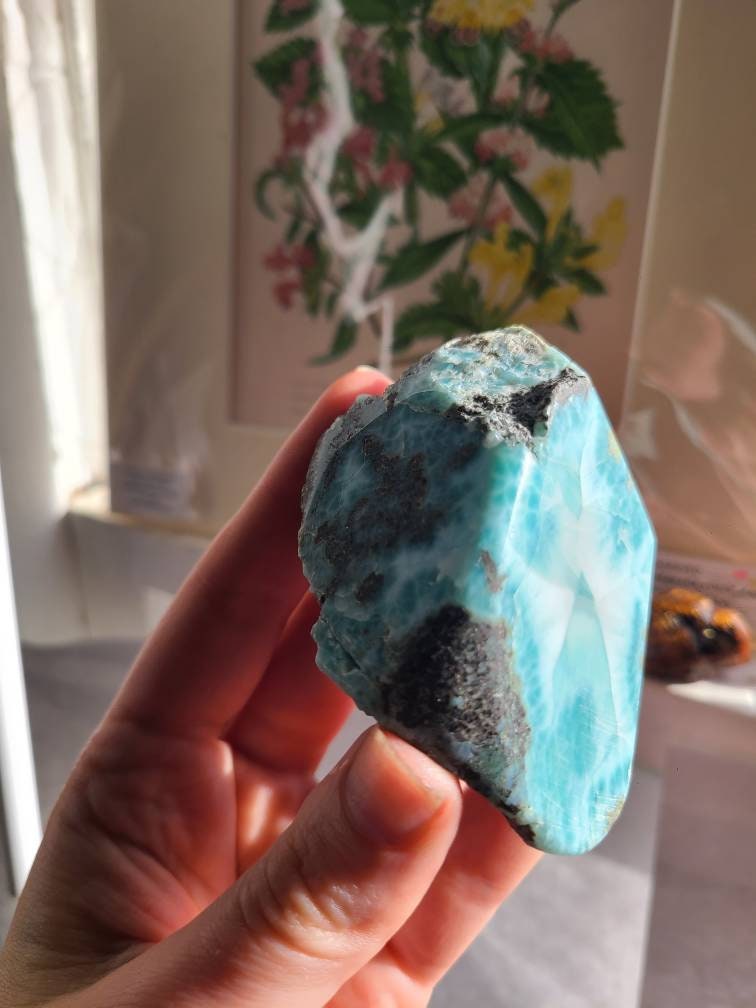Big Larimar Carving, with Raw Matrix, Chatoyant AAA, High Grade Blue | 172 gram Specimen, Large Larimar Freeform, Dominican Republic