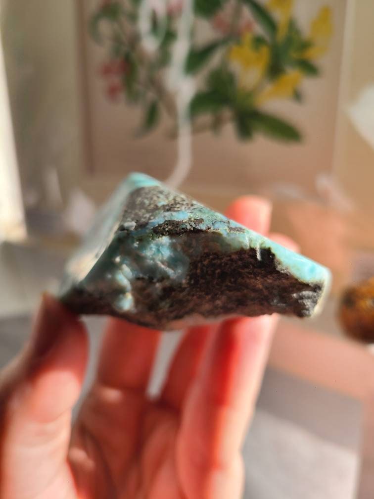 Big Larimar Carving, with Raw Matrix, Chatoyant AAA, High Grade Blue | 172 gram Specimen, Large Larimar Freeform, Dominican Republic