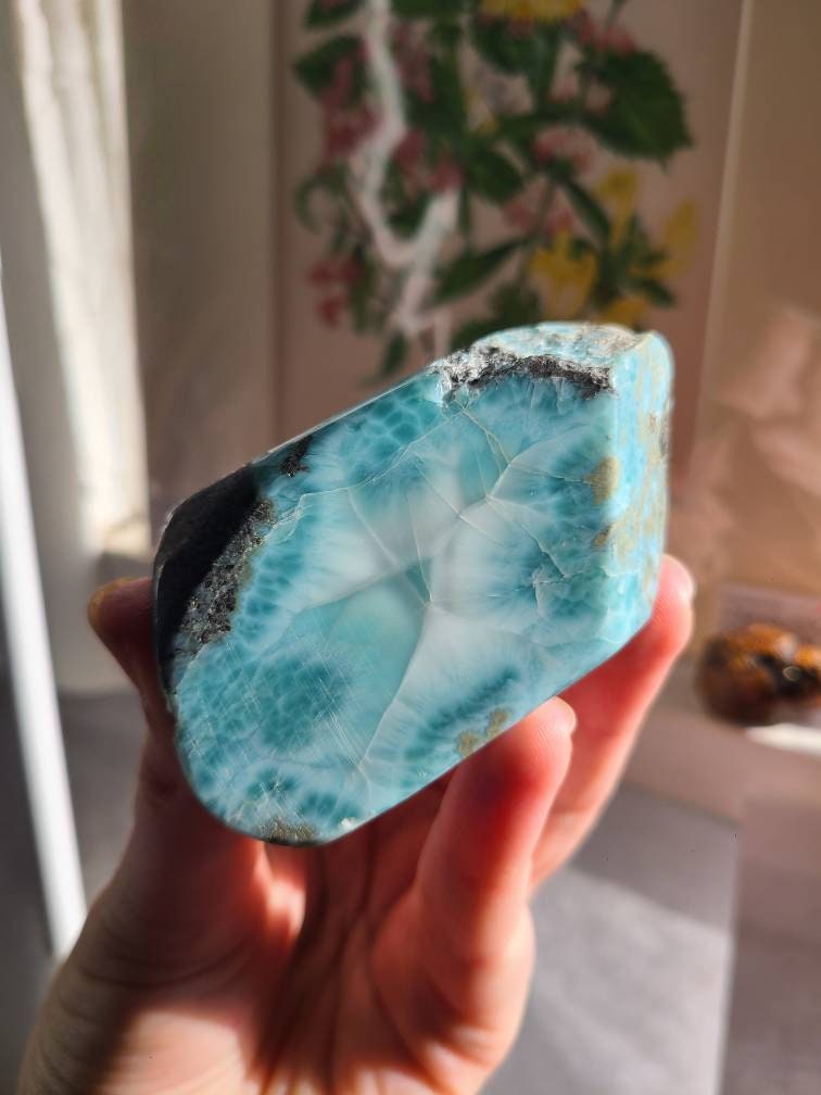 Big Larimar Carving, with Raw Matrix, Chatoyant AAA, High Grade Blue | 172 gram Specimen, Large Larimar Freeform, Dominican Republic