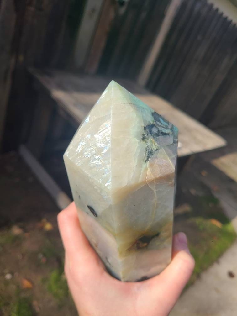 Flashy 6lb Green Moonstone Tower, XL Polished Tower, w Rainbow Flash | High Grade, AAA Garnierite, with Black Tourmaline and Pink Feldspar