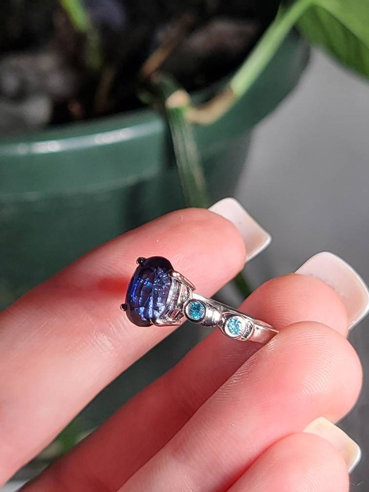 Sapphire and Blue Topaz Ring, US Size 6 3/4, 925 Sterling Silver | September and November Birthstones, Deep Blue Sapphire Oval