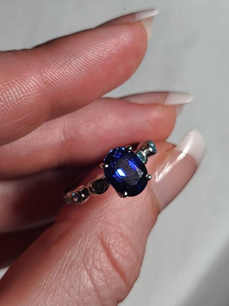 Sapphire and Blue Topaz Ring, US Size 6 3/4, 925 Sterling Silver | September and November Birthstones, Deep Blue Sapphire Oval