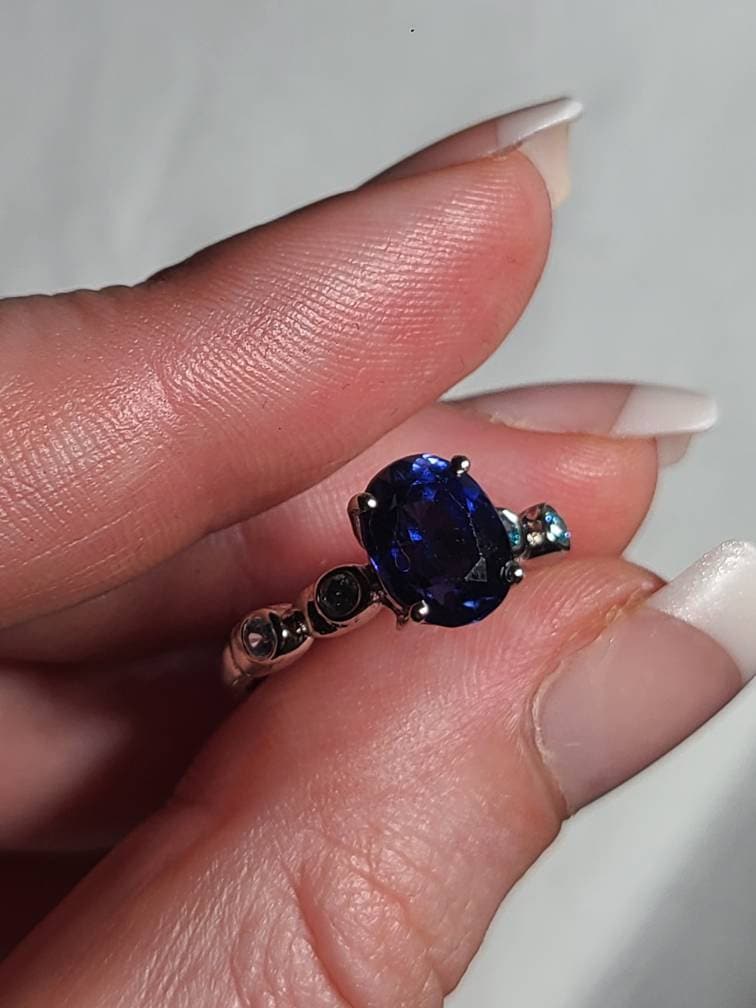 Sapphire and Blue Topaz Ring, US Size 6 3/4, 925 Sterling Silver | September and November Birthstones, Deep Blue Sapphire Oval