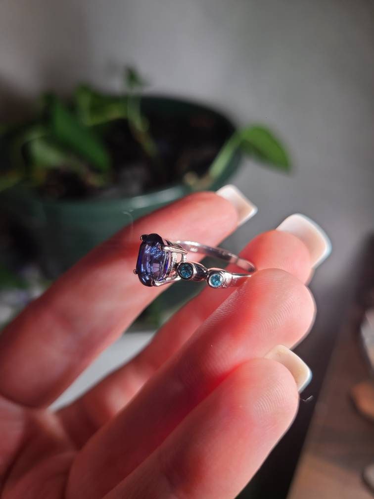 Sapphire and Blue Topaz Ring, US Size 6 3/4, 925 Sterling Silver | September and November Birthstones, Deep Blue Sapphire Oval
