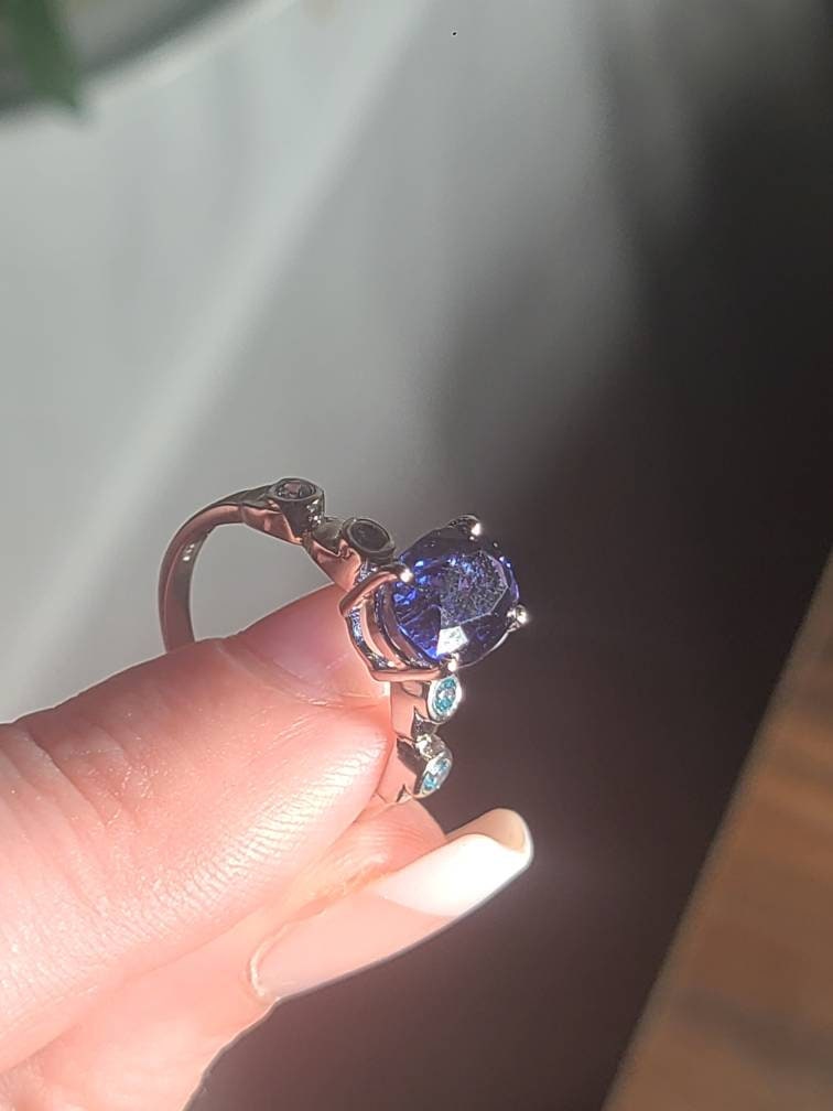 Sapphire and Blue Topaz Ring, US Size 6 3/4, 925 Sterling Silver | September and November Birthstones, Deep Blue Sapphire Oval
