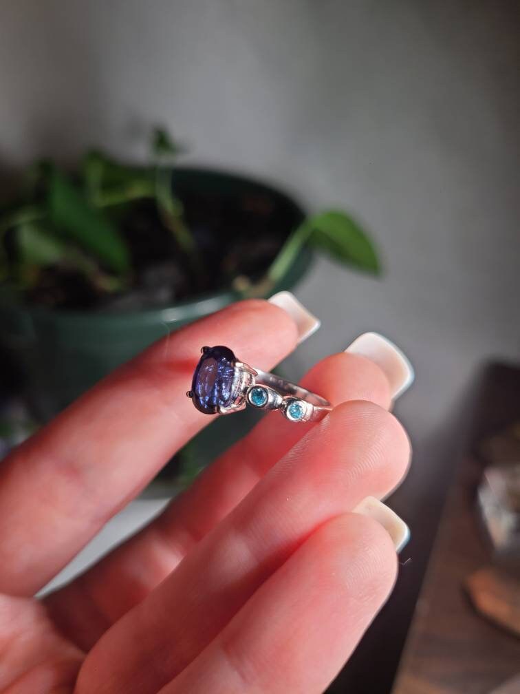 Sapphire and Blue Topaz Ring, US Size 6 3/4, 925 Sterling Silver | September and November Birthstones, Deep Blue Sapphire Oval
