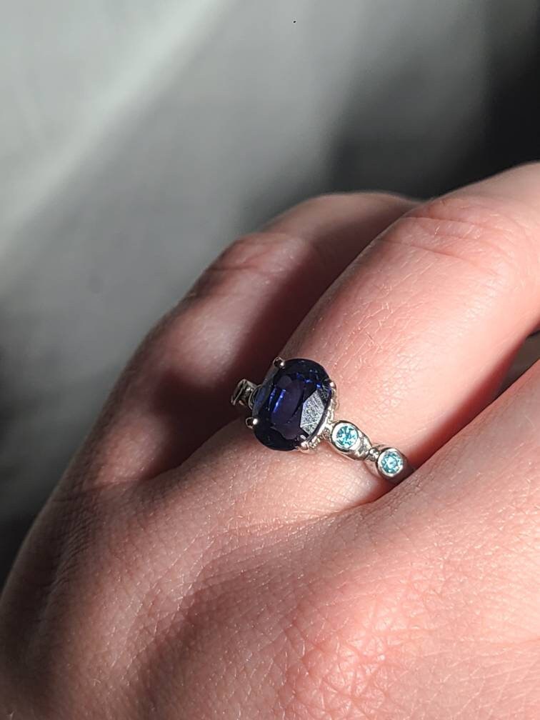 Sapphire and Blue Topaz Ring, US Size 6 3/4, 925 Sterling Silver | September and November Birthstones, Deep Blue Sapphire Oval