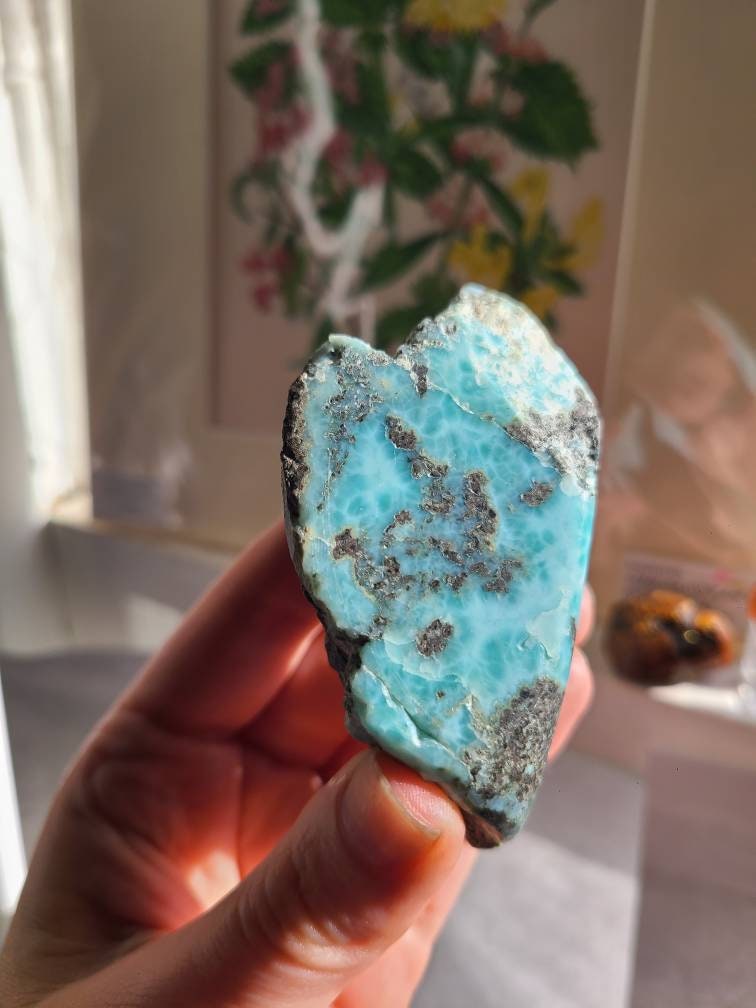 Big Larimar Carving, with Raw Matrix, Chatoyant AAA, High Grade Blue | 172 gram Specimen, Large Larimar Freeform, Dominican Republic