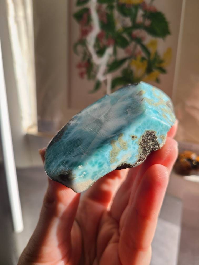 Big Larimar Carving, with Raw Matrix, Chatoyant AAA, High Grade Blue | 172 gram Specimen, Large Larimar Freeform, Dominican Republic