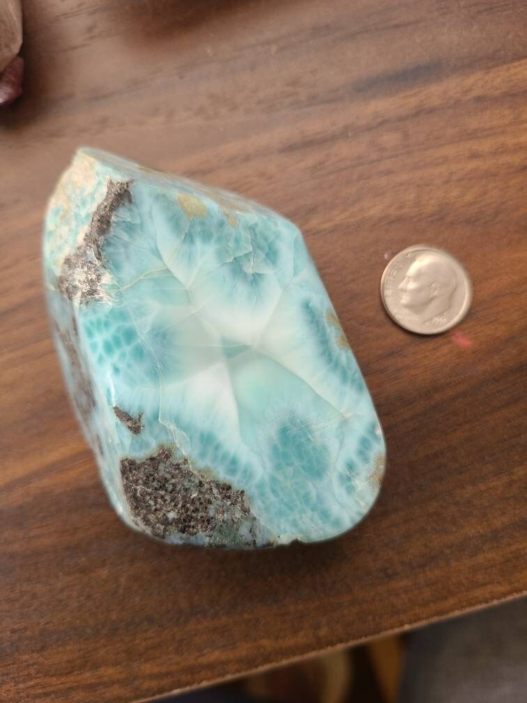 Big Larimar Carving, with Raw Matrix, Chatoyant AAA, High Grade Blue | 172 gram Specimen, Large Larimar Freeform, Dominican Republic