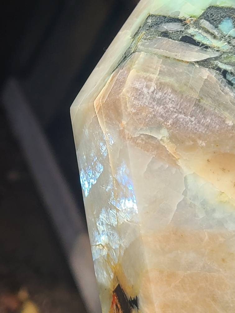 Flashy 6lb Green Moonstone Tower, XL Polished Tower, w Rainbow Flash | High Grade, AAA Garnierite, with Black Tourmaline and Pink Feldspar