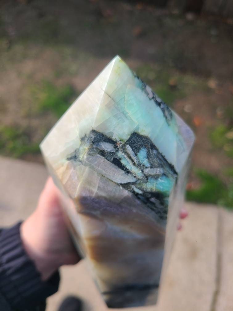 Flashy 6lb Green Moonstone Tower, XL Polished Tower, w Rainbow Flash | High Grade, AAA Garnierite, with Black Tourmaline and Pink Feldspar