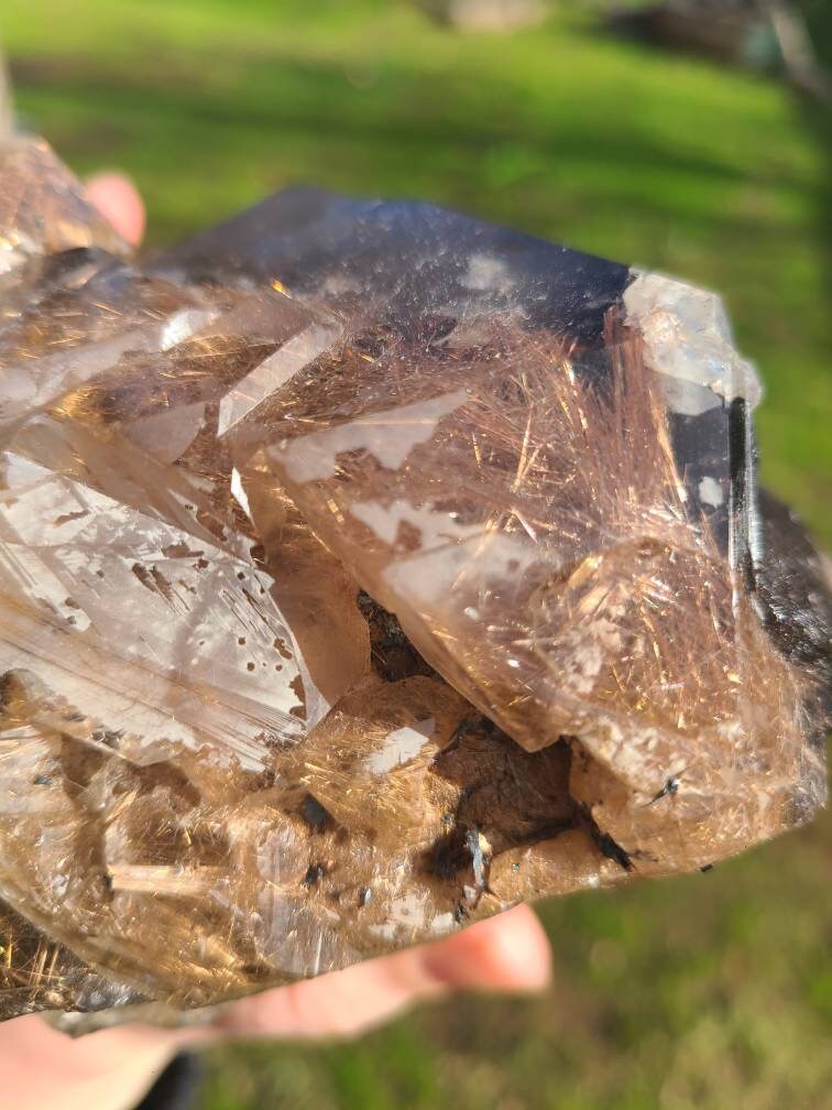 Golden Rutile Quartz | Rare Raw XL AAA Rutilated Smoky Quartz w Pink Lithium, Double Terminated, High Clarity Etched Elestial from Brazil