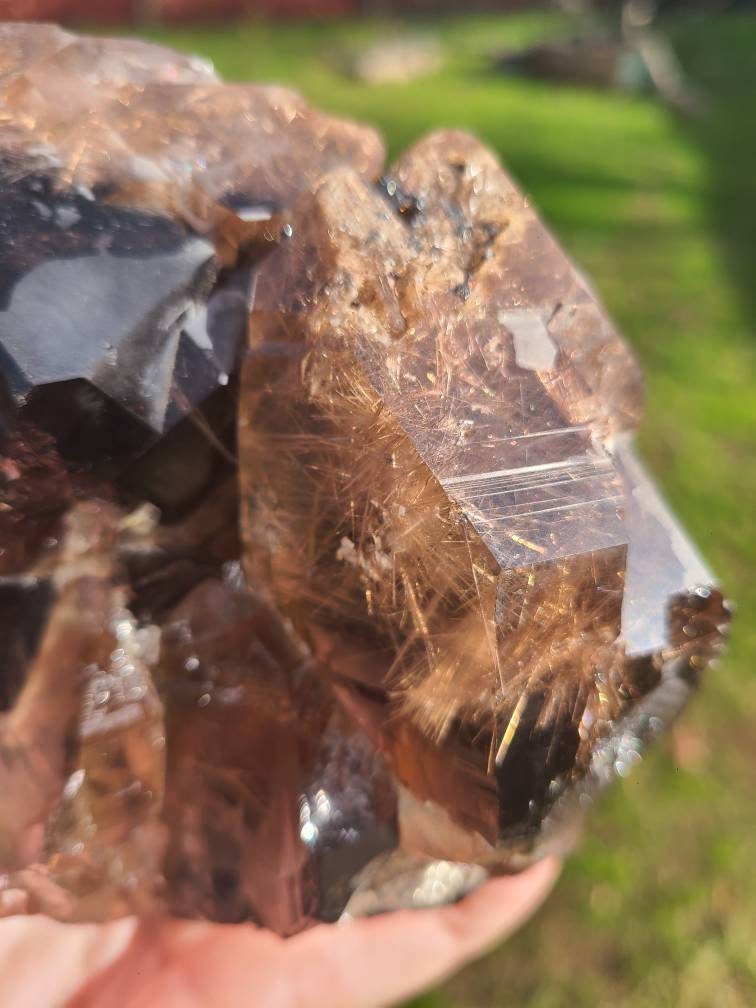 Golden Rutile Quartz | Rare Raw XL AAA Rutilated Smoky Quartz w Pink Lithium, Double Terminated, High Clarity Etched Elestial from Brazil