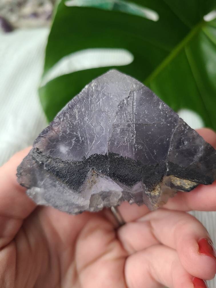 RARE Natural Fluorite Pyramid, Purple Flourite w Black Hematite, Clear Quartz Baby crystals, Self Standing, Totally Raw, Natural Equilateral