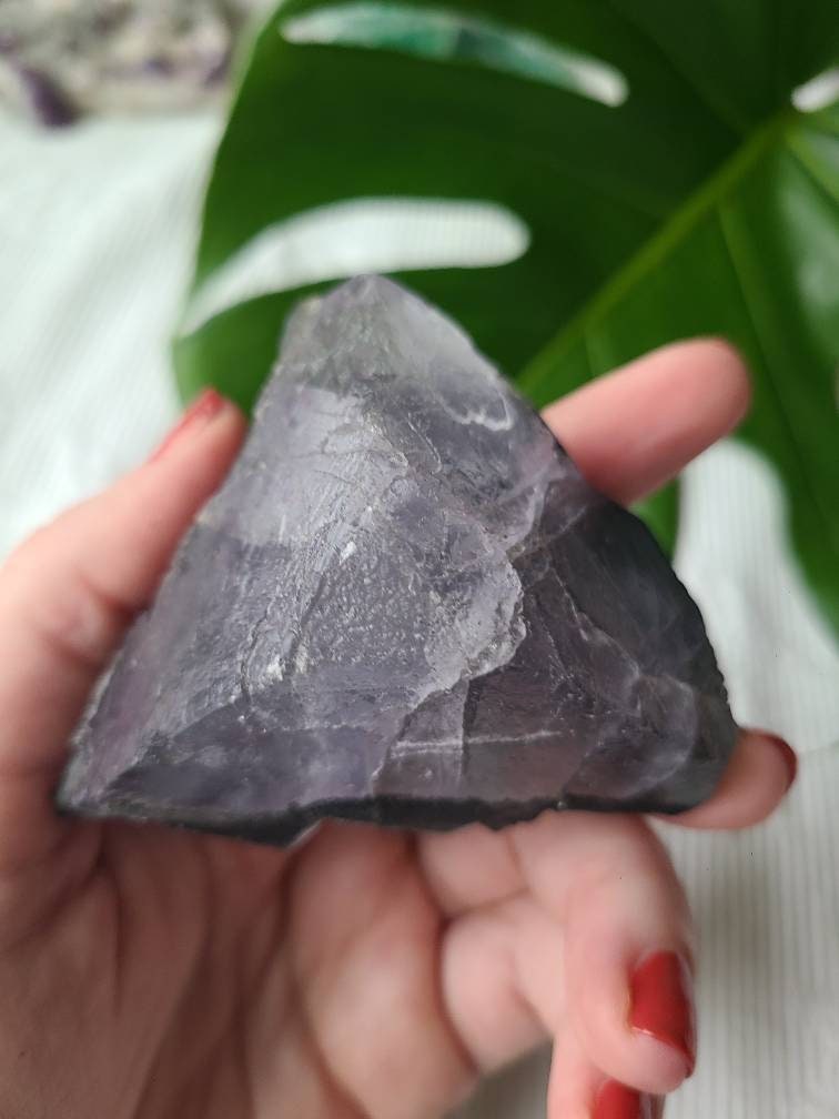RARE Natural Fluorite Pyramid, Purple Flourite w Black Hematite, Clear Quartz Baby crystals, Self Standing, Totally Raw, Natural Equilateral