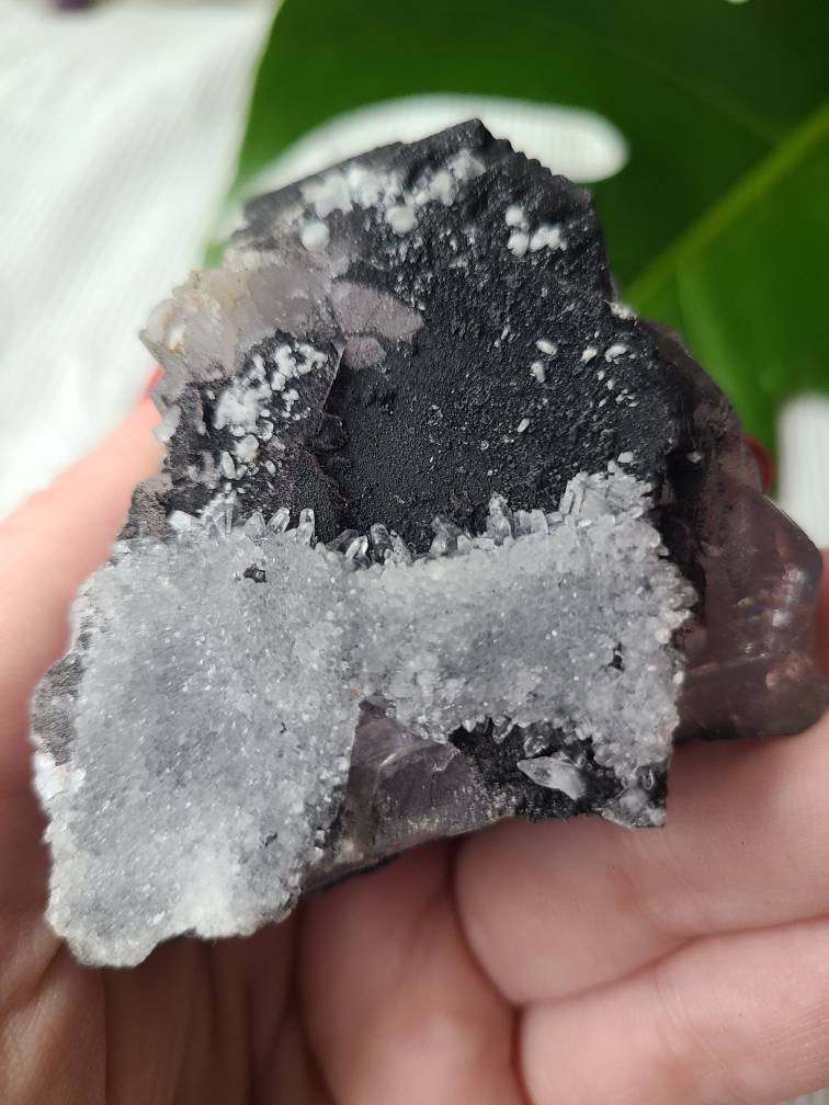 RARE Natural Fluorite Pyramid, Purple Flourite w Black Hematite, Clear Quartz Baby crystals, Self Standing, Totally Raw, Natural Equilateral