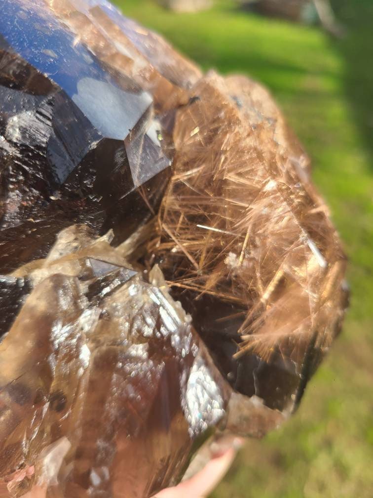 Golden Rutile Quartz | Rare Raw XL AAA Rutilated Smoky Quartz w Pink Lithium, Double Terminated, High Clarity Etched Elestial from Brazil