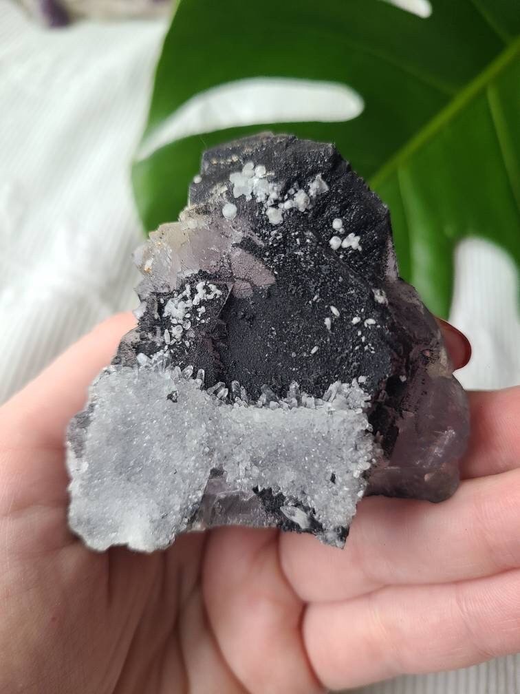 RARE Natural Fluorite Pyramid, Purple Flourite w Black Hematite, Clear Quartz Baby crystals, Self Standing, Totally Raw, Natural Equilateral