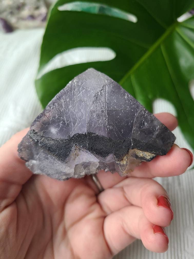 RARE Natural Fluorite Pyramid, Purple Flourite w Black Hematite, Clear Quartz Baby crystals, Self Standing, Totally Raw, Natural Equilateral