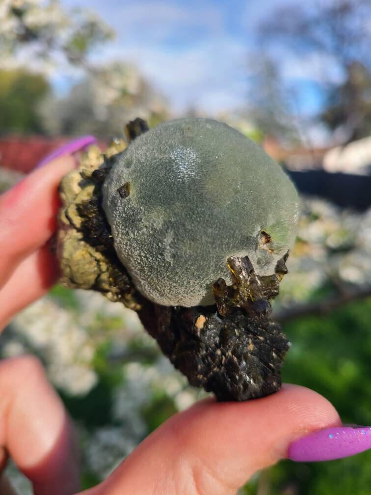 Prehnite and Epidote Raw Matrix Cabinet Display Crystal, Healing Grass and Forest Green Color Combo, Ethically Sourced, Mali Minerals