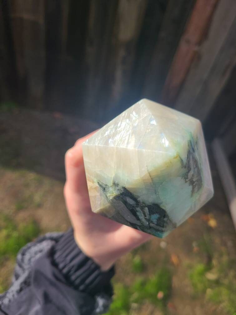 Flashy 6lb Green Moonstone Tower, XL Polished Tower, w Rainbow Flash | High Grade, AAA Garnierite, with Black Tourmaline and Pink Feldspar