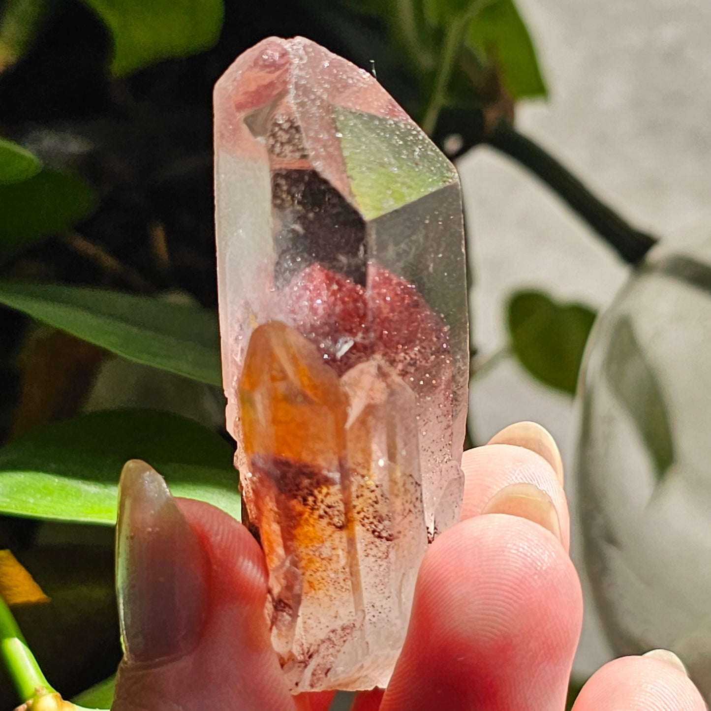 Hematite Phantom Quartz, 'Sunset Fire' Phantom India, Water Clear High Grade Collector Crystal, Red Glitter Pyramid Inside Raw Rare Specimen