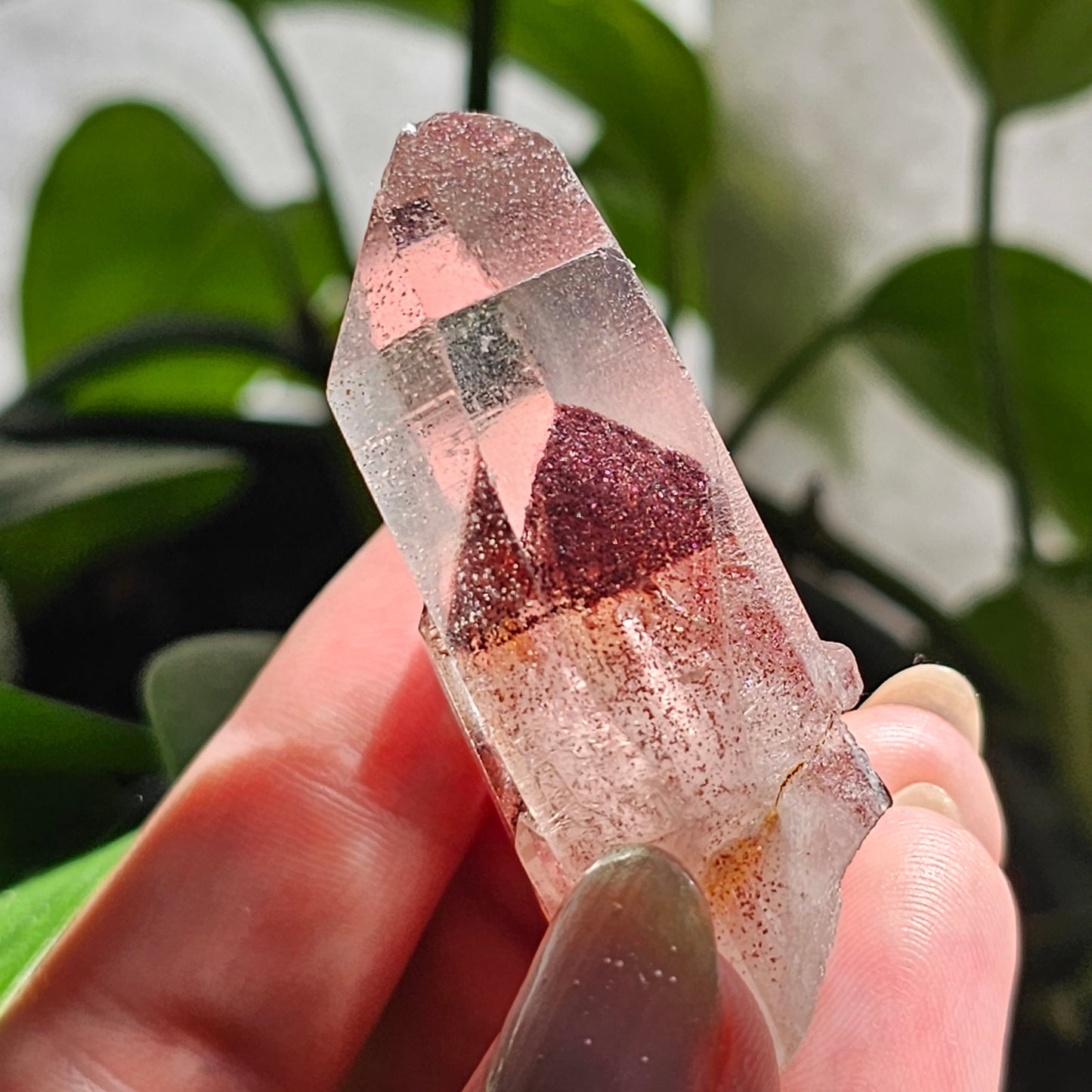 Hematite Phantom Quartz, 'Sunset Fire' Phantom India, Water Clear High Grade Collector Crystal, Red Glitter Pyramid Inside Raw Rare Specimen