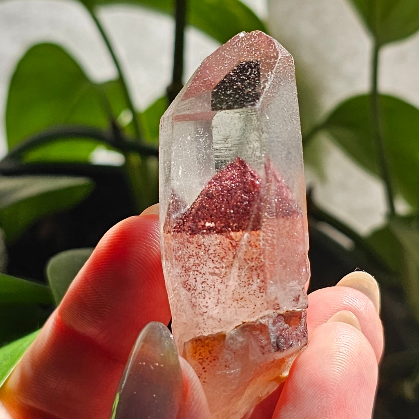 Hematite Phantom Quartz, 'Sunset Fire' Phantom India, Water Clear High Grade Collector Crystal, Red Glitter Pyramid Inside Raw Rare Specimen